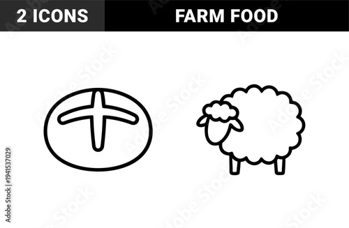 Livestock and bakery production symbols for agricultural branding. Minimalist monoline outlines of a woolly sheep and scored bread loaf for organic food packaging.