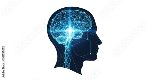 Silhouette of Human Head with Brain and Lightning.