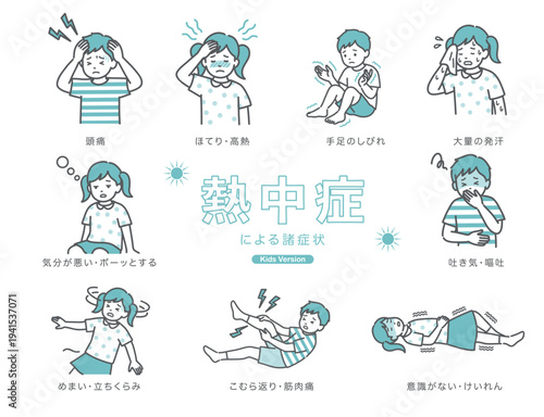 子供の熱中症による諸症状のイラストセット