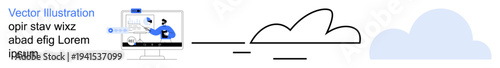 Digital technology, cloud storage, remote work, IT solutions, data transfer, collaboration. Person interacts on a computer screen beside cloud icons. Cloud storage and data transfer concept