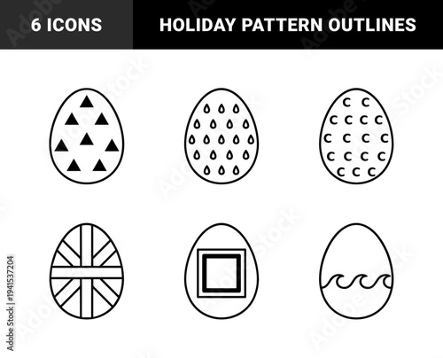 Easter egg decoration templates with geometric patterns and linear ornaments. Minimalist monoline outlines for festive spring crafts and holiday coloring.