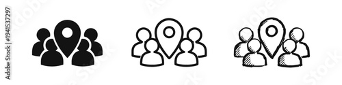 People group with location pin icon set for community or meeting point. Local audience and place vector icons in various styles.