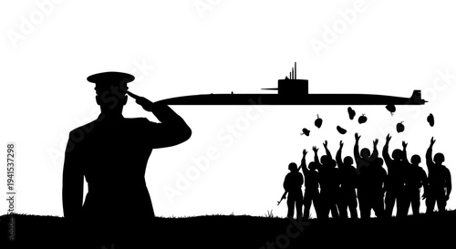 Military Submarine Departure: Officer Salutes, Crew Celebrates with Hat Toss