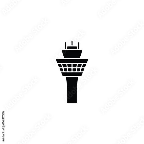 Solid fill of a black airport control tower with multiple windows and antennas on