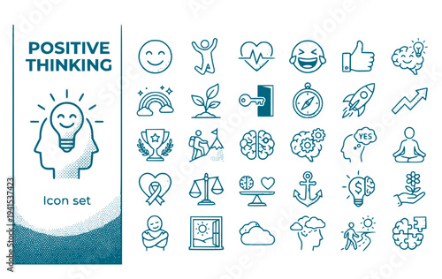 Positive Thinking Icon Set Emotion Mental Wellness Optimism Happiness Wellbeing Motivation Psychology Vector Illustration