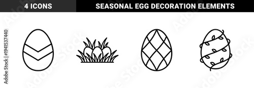 Easter egg line art elements for holiday branding and seasonal crafts. Minimalist monoline symbols featuring geometric patterns, floral vines, and nest details.