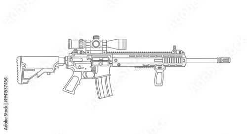 Modern Assault Rifle with Scope and Accessories - Line Drawing