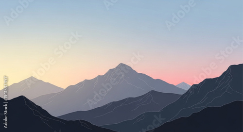 Majestic Mountain Range with Layered Peaks and Soft Sunset Light.
