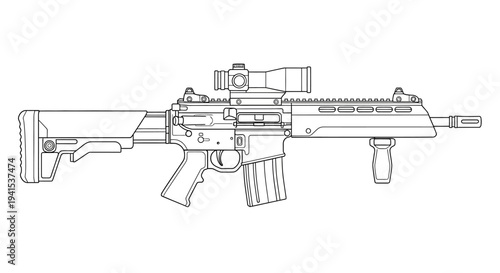 Modern Assault Rifle with Scope and Foregrip - Line Art Illustration