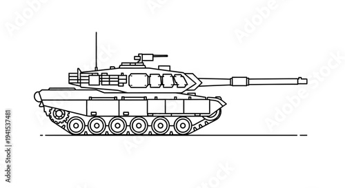 Modern Battle Tank Side View Line Drawing - Military Vehicle Illustration