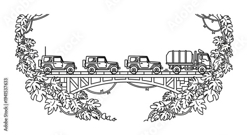 Off-road convoy crossing jungle bridge: jeeps and truck on adventure