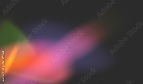 Abstract colorful lens flare and light leak overlay isolated on dark background. Soft pink, orange and green blurred gradient effect for design.