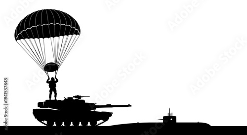 Parachuting Tank Soldier Descends onto Submarine Silhouette, Military Concept