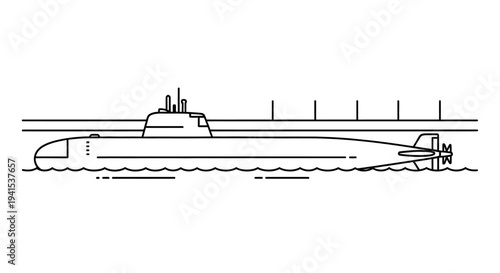 Outline illustration of a submarine sailing on water, military vessel, naval power, technology
