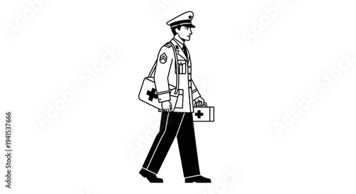 Paramedic walking with medical bag and first aid kit, side view, black and white illustration