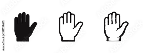 Open hand stop gesture icon set for warning or attention. Halt signal and refusal vector icons in solid, outline, and sketch styles.
