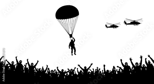 Parachutist Descends Above Cheering Crowd, Helicopters Fly Overhead