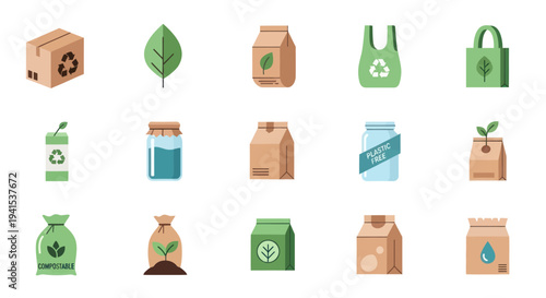 Eco-friendly Packaging and Recycling Icons Set with Sustainable Materials.
