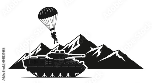 Paratrooper Descends Near Tank with Mountain Background - Military Airborne Assault Concept