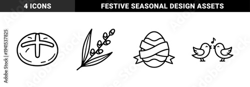 Easter & spring celebration with pussy willow, hot cross bun, decorated egg, and singing birds. Minimalist monoline aesthetic for seasonal greeting cards and festive branding.