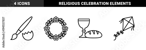 Religious and seasonal cultural symbols featuring a floral wreath, paint brush with egg, flying kite, and communion chalice with bread in monoline aesthetic.
