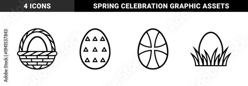 Easter holiday celebration elements for seasonal greeting cards. Bold monoline graphic assets featuring traditional decorated eggs and wicker basket.