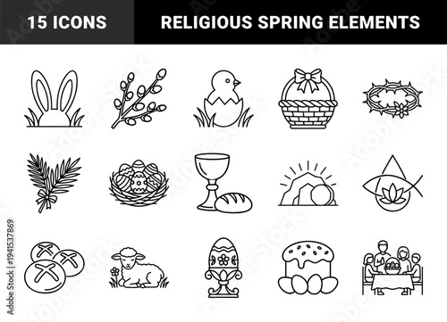 Easter holiday religious and seasonal elements featuring resurrection symbols and spring traditions in a clean monoline minimalist aesthetic.