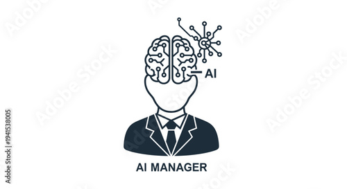 AI Manager icon depicting a person in a suit with a digital circuit brain and a connected neural network.