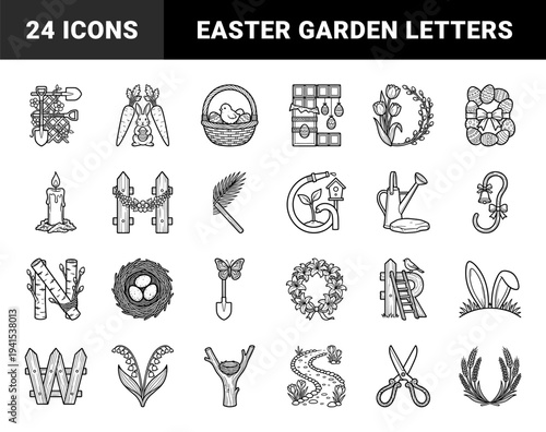 Spring alphabet and Easter gardening elements in hand-drawn line art style. Decorative floral letters and botanical seasonal symbols for coloring books.