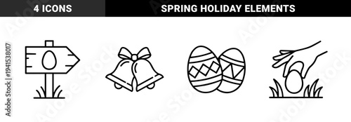 Easter holiday celebration line art featuring traditional church bells, wooden garden signage, hand picking egg, and decorated seasonal ornaments. Minimalist monoline black and white festive graphics.