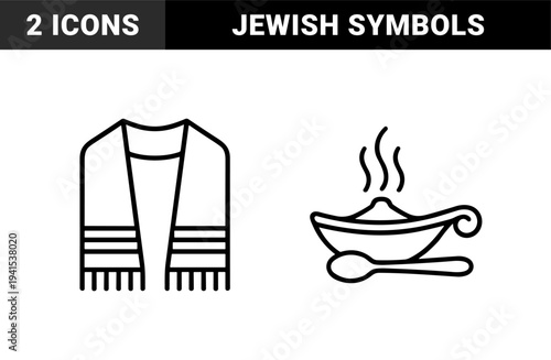 Traditional Jewish religious symbols including a tallit prayer shawl and a bowl of steaming food with a spoon. Minimalist monoline cultural heritage graphic elements.
