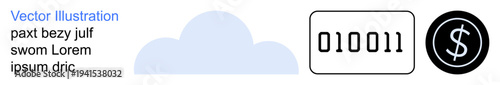Cloud storage, digital currency, binary computing, financial technology, data security, online transactions. A cloud, binary code and dollar symbol. Cloud storage and digital currency concept
