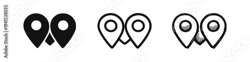 Two Location Pins Icon Set. Multiple Map Pointers Symbol in Solid, Outline, and Sketchy Styles. GPS Marker Graphic.