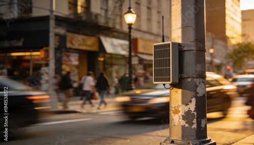 Wallpaper Mural Close medium shot of an urban streetlight pole with a hidden antenna array the bustling city block behind gently blurred for emphasis. Torontodigital.ca