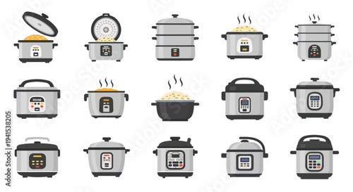 Assortment of Modern Electric Rice Cookers and Multi-Cookers.