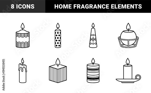 Decorative scented candles and aromatic wellness elements for home interior branding. Minimalist monoline pictograms featuring geometric patterns and paraffin textures.