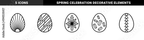 Easter egg ornaments featuring geometric patterns and crystalline textures. Minimalist monoline spring holiday decorations with abstract linear and sunburst motifs.
