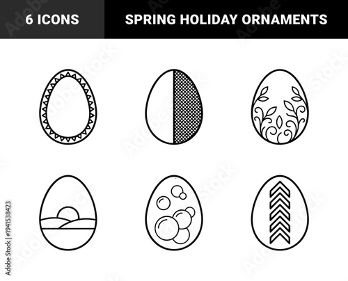 Easter egg decoration line art elements featuring floral patterns, geometric borders, and nature motifs. Minimalist monoline silhouettes for spring holiday branding and greeting cards.