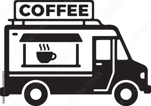 A black and white image of a coffee truck