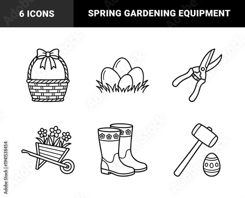 Spring gardening and Easter celebration line art elements. Minimalist monoline drawings featuring garden tools, floral wheelbarrow, and seasonal holiday eggs.