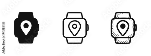 Smartwatch GPS Location Icon Set. Wearable Tech Map Pin Symbol in Solid, Outline, and Sketchy Styles. Device Tracking Graphic.