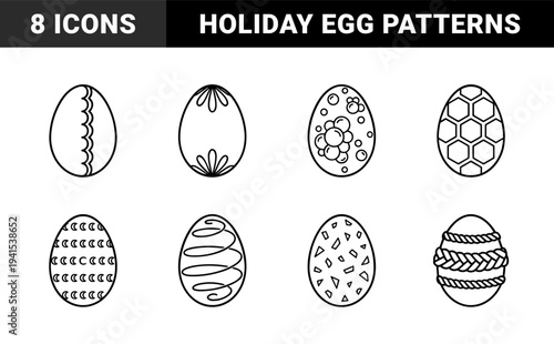 Easter egg outline illustrations with diverse geometric patterns and textures. Minimalist monoline festive elements for spring holiday coloring and seasonal branding projects.