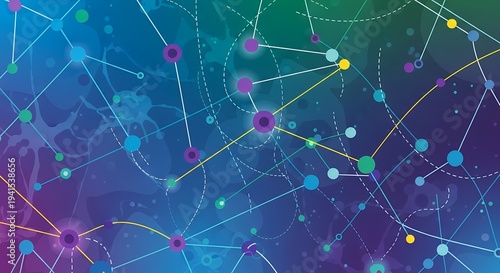 Abstract representation of interconnected nodes and lines forming a dynamic network against a vibrant blue and purple gradient background
