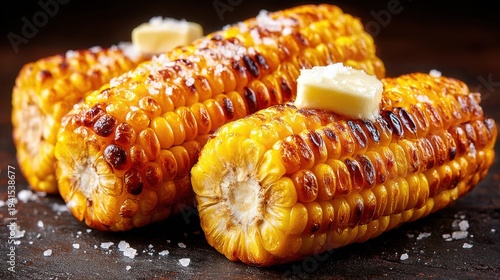 Golden grilled corn on the cob with melted butter and salt, a delicious summer treat.
