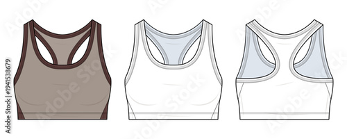 Essential Sports Bra Technical Fashion Illustration. Minimal Racerback Crop Top CAD Vector Template. Front and Back View. Womenswear Athleisure. Brown.