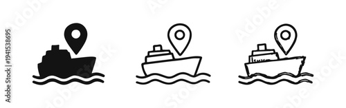 Ship Location Pin Icon Set. Maritime Navigation Symbol in Solid, Outline, and Sketchy Styles. Boat GPS Tracking Icons.