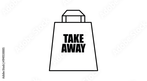 Clean black line vector icon of a take away bag with the text “take away”, representing food delivery, to‑go meals, restaurants, packaging, fast food and pickup services. Minimalist and modern design 