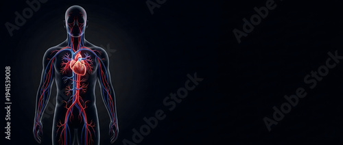 Hyperrealistic 3D human heart and circulatory system inside body silhouette on black with copy Space