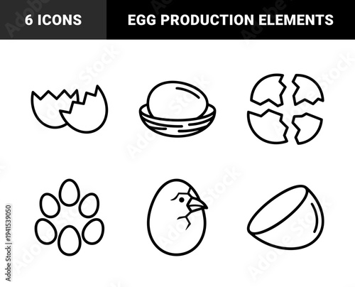 Bird hatching and poultry farming elements for organic food branding. Chunky monoline pictograms featuring eggshells, nests, and newborn chicks.