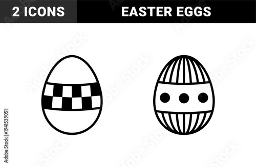Easter egg decoration patterns for seasonal holiday branding. Minimalist monoline vector art featuring geometric stripes and checkered festive ornaments.